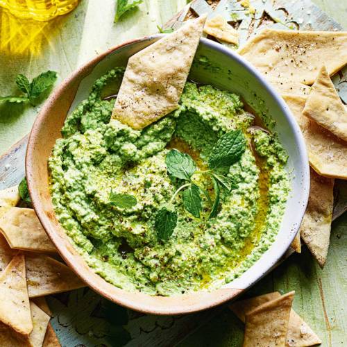 Minty broad bean and pea dip with olive oil crackers