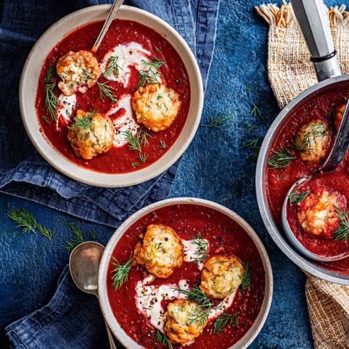Beetroot and apple soup with horseradish-dill dumplings
