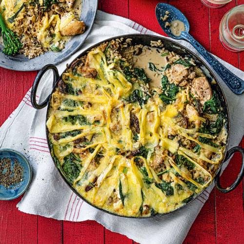 Chicken and wild rice bake with truffled brie crust