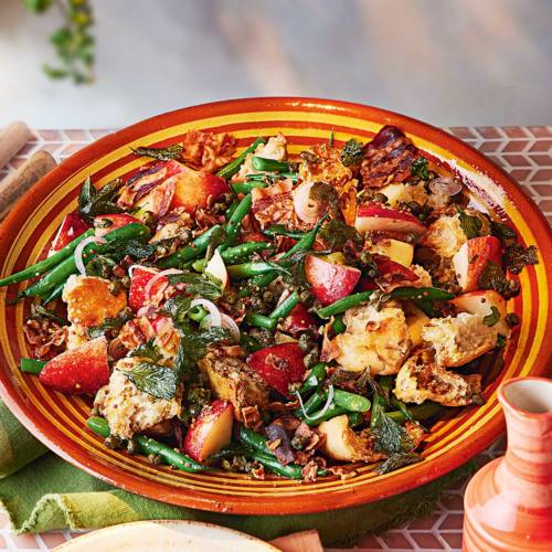 Nectarine and pancetta salad with crispy capers 
