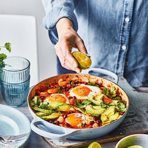 Smoky beans and greens baked eggs