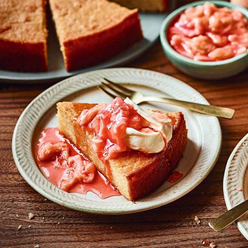 Orange semolina cake with rhubarb compote