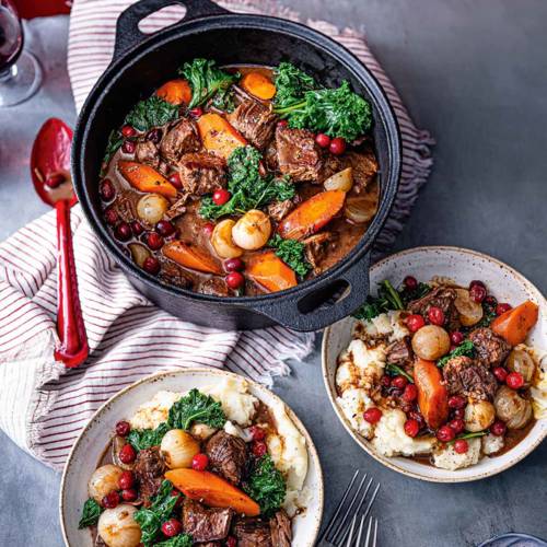 Spiced cinnamon beef stew with popping cranberries
