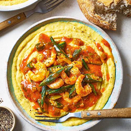 Spicy prawns with roasted corn polenta