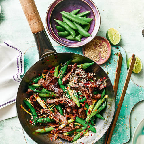 Sticky sesame beef and spring onion stir-fry