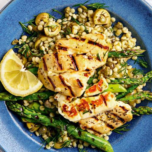 Grilled halloumi and asparagus couscous salad