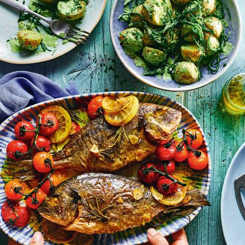 Roast sea bream with samphire potato salad