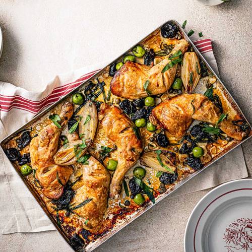 Chicken, prune and olive traybake