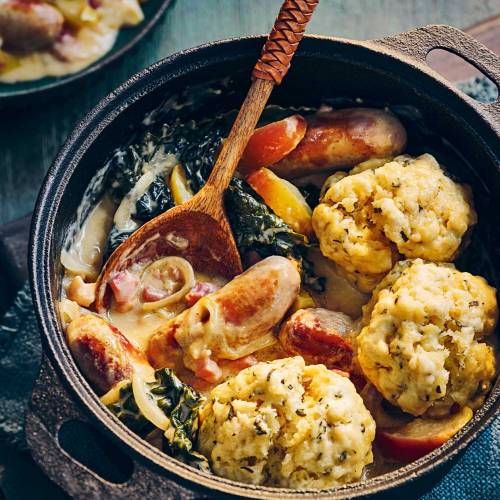 Sausage and apple casserole with sage dumplings