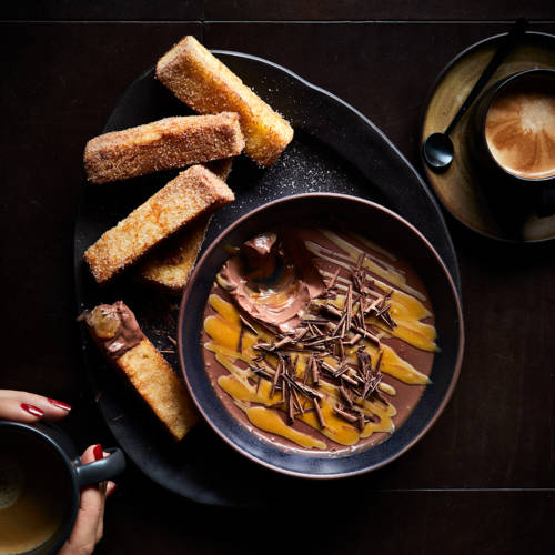 Chocolate salted caramel dessert with French toast dippers 