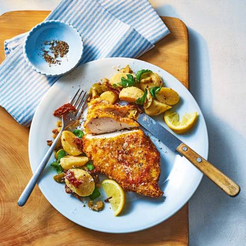 Air-fryer crispy chicken with antipasti potato salad