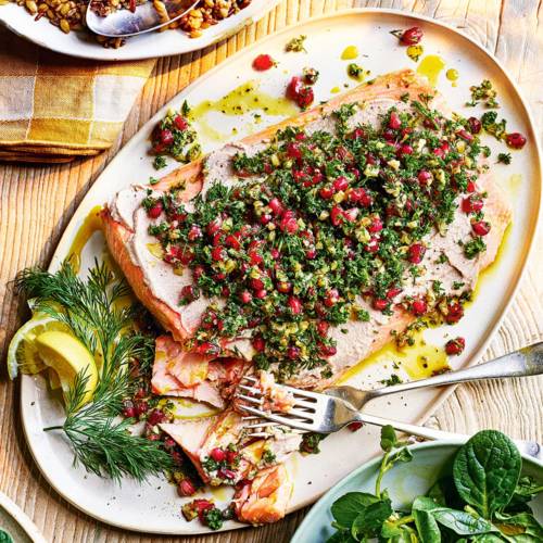 Olive-oil-baked salmon with walnut tarator