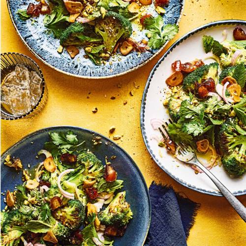 Warm broccoli and date salad with pistachio topping