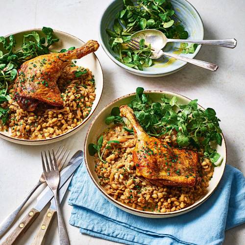Duck with French onion pearl barley