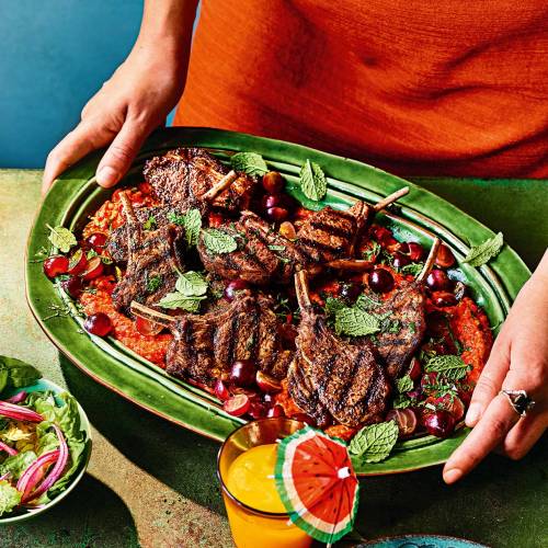 Lamb cutlets with romesco and sweet-and-sour grapes