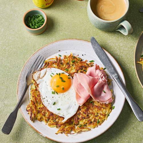 Rösti with ham and fried eggs