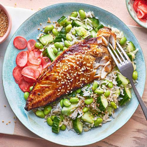 Miso mackerel with edamame rice