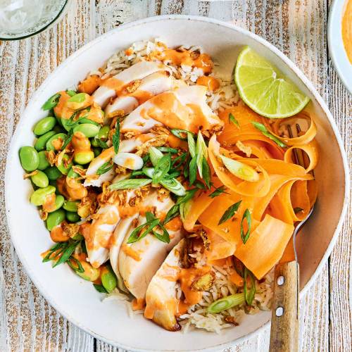 Gochujang mayo chicken and rice bowls