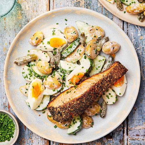 Furikake-crusted salmon and Japanese-style potato salad