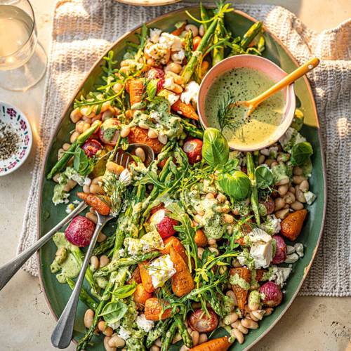 Roast spring veg and white bean salad with green tahini