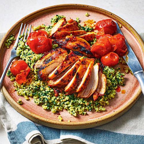 Harissa chicken thighs and herby bulgur