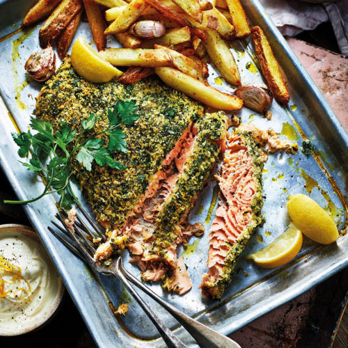 Herb-crusted salmon with garlic fries 
