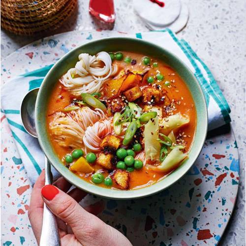 Sticky gochujang and roasted squash noodle soup 