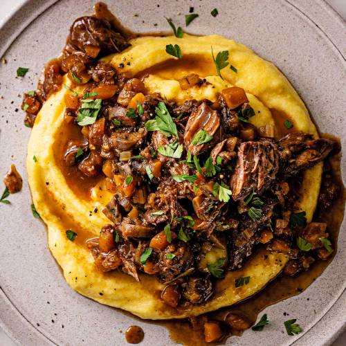 Slow-cooked beef shin with creamed polenta