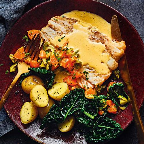 Seared cod, clementine Maltaise sauce and olive salsa