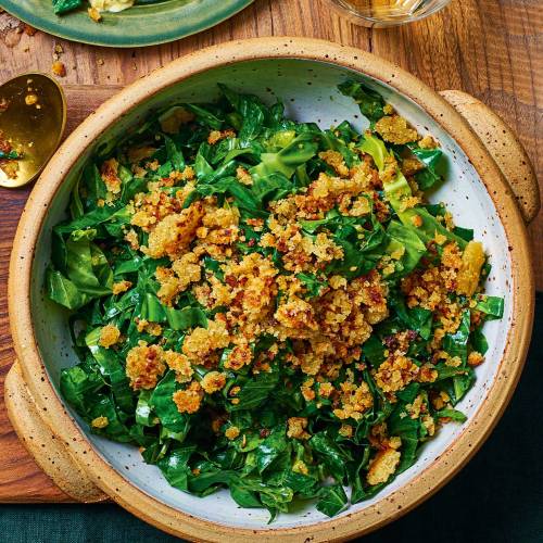 Sautéed greens with golden anchovy crumbs