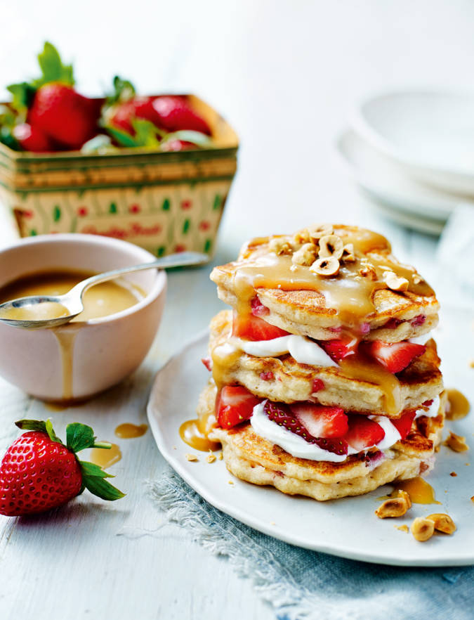 Recipe: Strawberry ricotta pancakes with salted caramel sauce