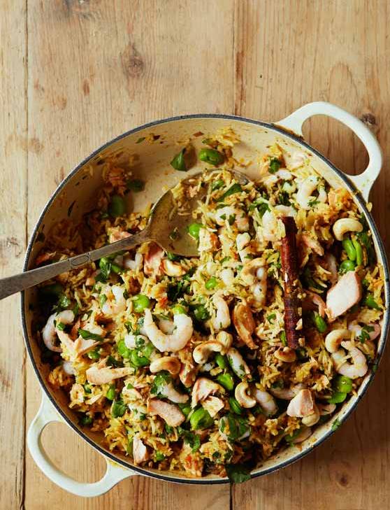 Recipe: Salmon, prawn and broad bean pilaf