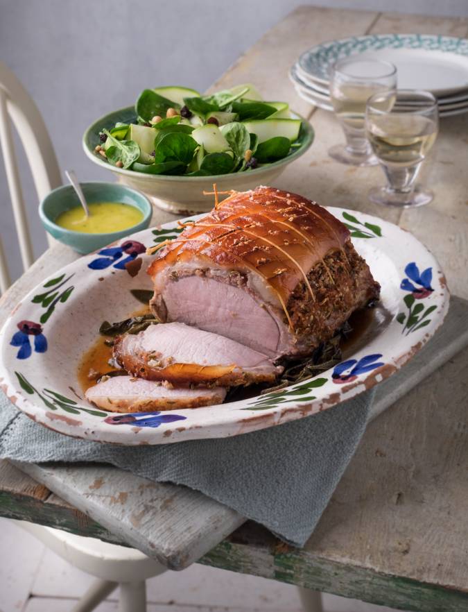 Recipe: Porchetta-style roast pork with a courgette, chickpea and spinach salad