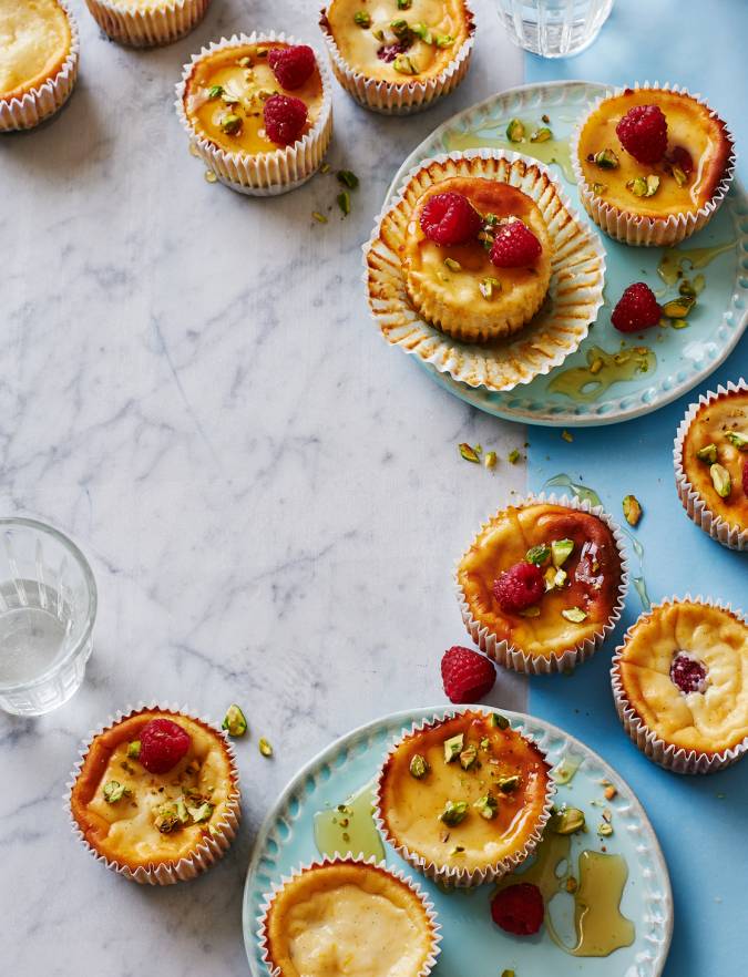 Recipe: Raspberry and ricotta baked cheesecakes with pistachios and honey