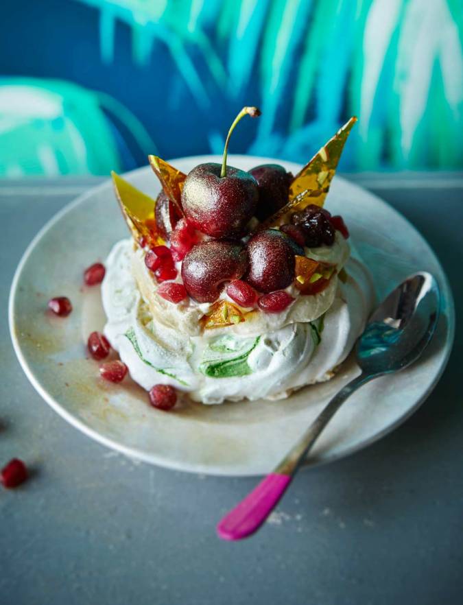 Recipe: Pistachio pavlovas with boozy cherries