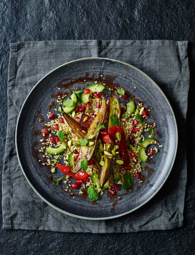 Recipe: Roasted aubergine and pomegranate salad