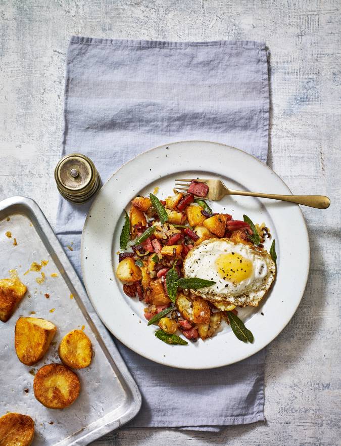 Recipe: Roast potato and ham hash with sage-fried eggs