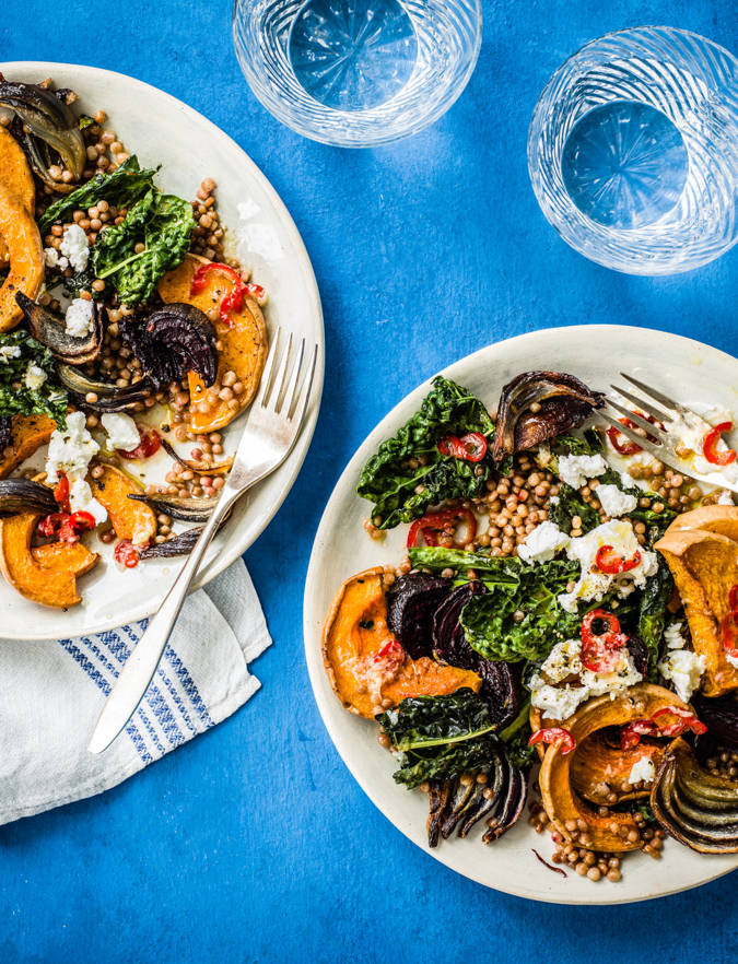 Recipe: Tray-baked squash, beetroot and giant couscous with goats' cheese