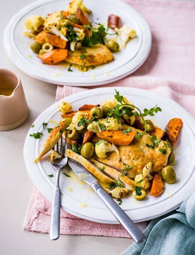 Recipe: Lemony chicken with roast veg and olives
