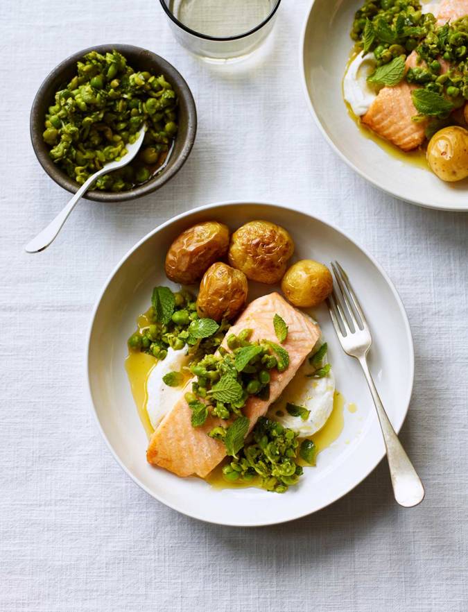 Recipe: Roast salmon with zesty peas and mint