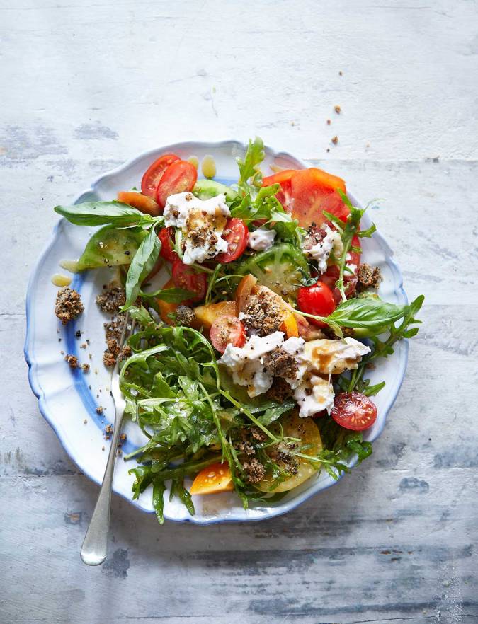 Recipe: Tomato and burrata salad with olive crumb
