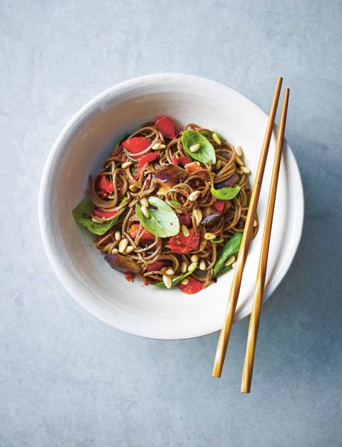 Recipe: Basil, tomato and aubergine soba noodles