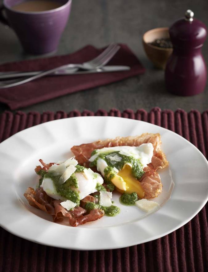 Recipe: Poached eggs with crispy Parma ham and pesto