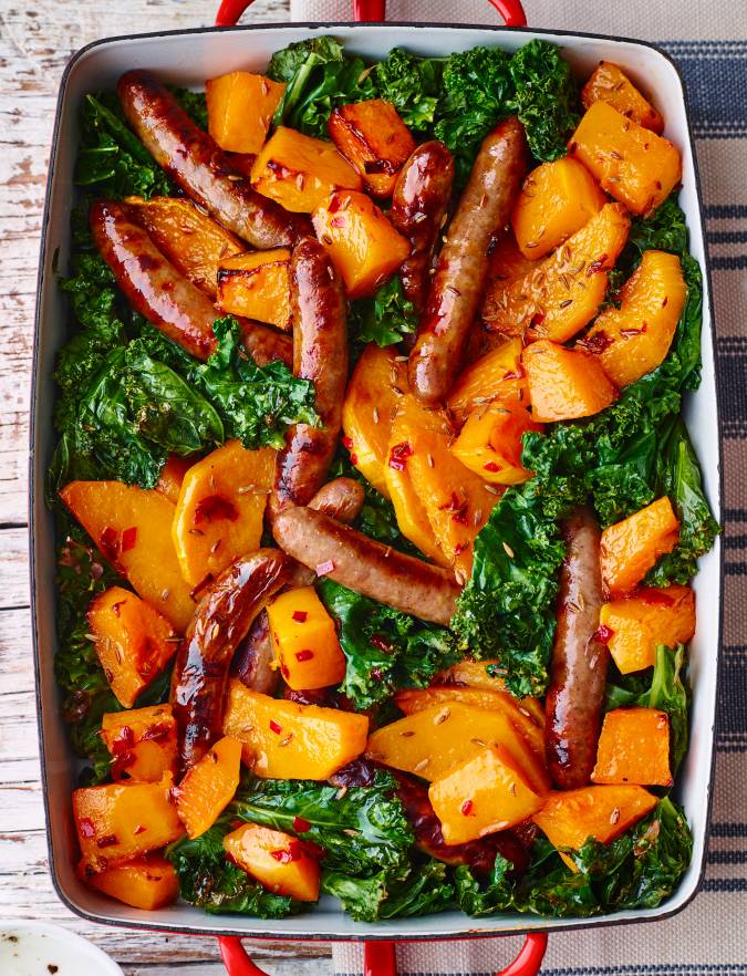 Recipe: Sausage, butternut and kale traybake