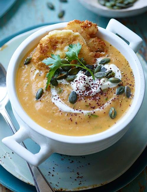 Recipe: Carrot, ginger and parsley soup with mini feta fritters and pumpkin seeds