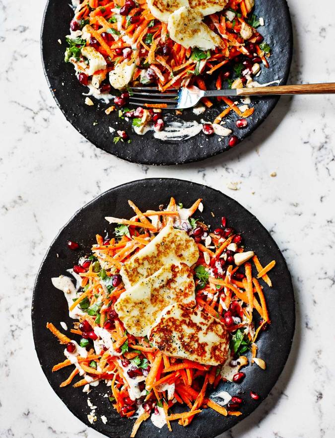 Recipe: Cashew, carrot, pomegranate and halloumi salad