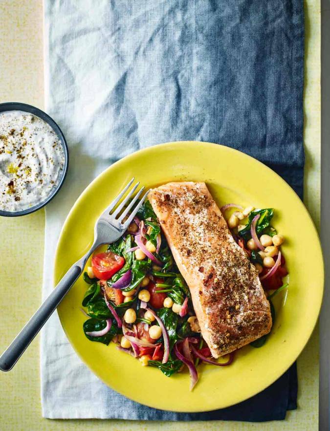 Recipe: Harissa salmon with warm chickpea salad