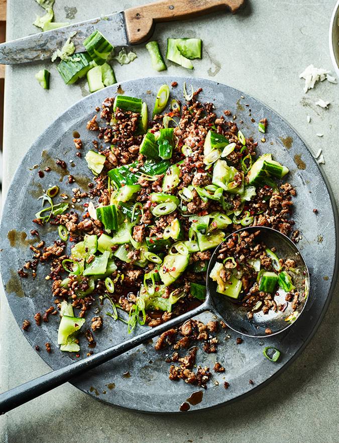Recipe: Smashed cucumber and pork Szechuan stir-fry