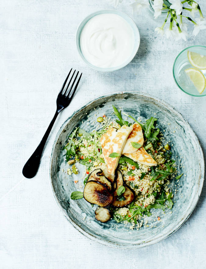 Halloumi And Aubergine With Minted Couscous Recipe Sainsbury S