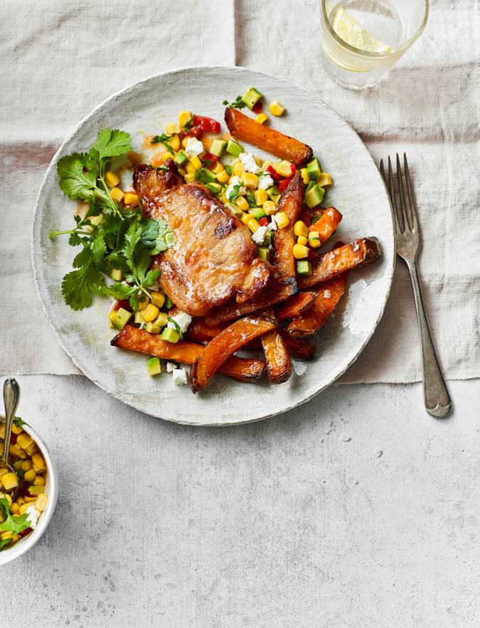 Recipe: Peri peri pork with sweet potato wedges and sweetcorn salsa